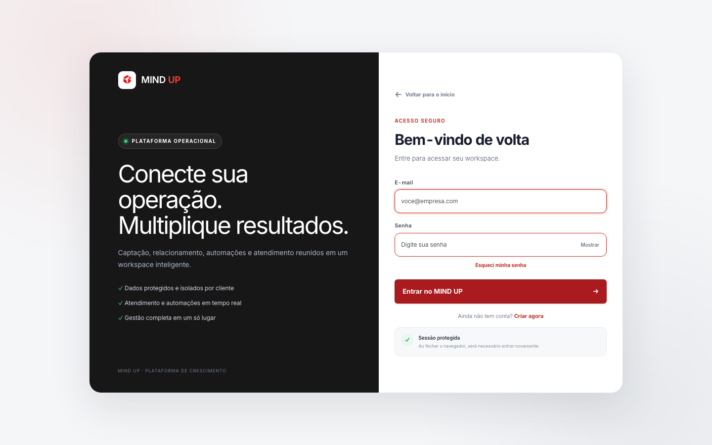 Tela de login do MIND UP com campos de e-mail e senha vazios