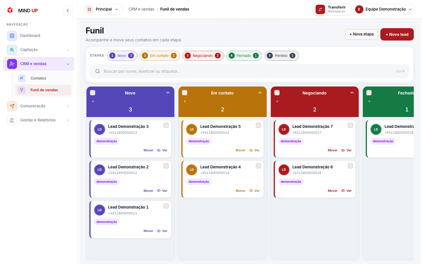 Funil de vendas do MIND UP com colunas por etapa e leads fictícios