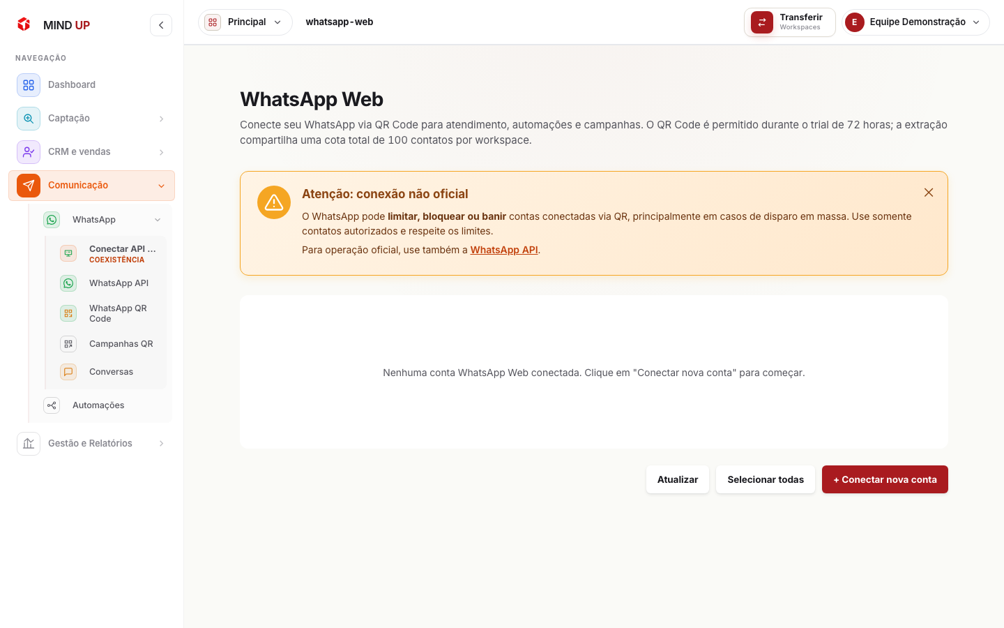 Tela de WhatsApp QR Code com aviso de conexão não oficial e botão conectar nova conta