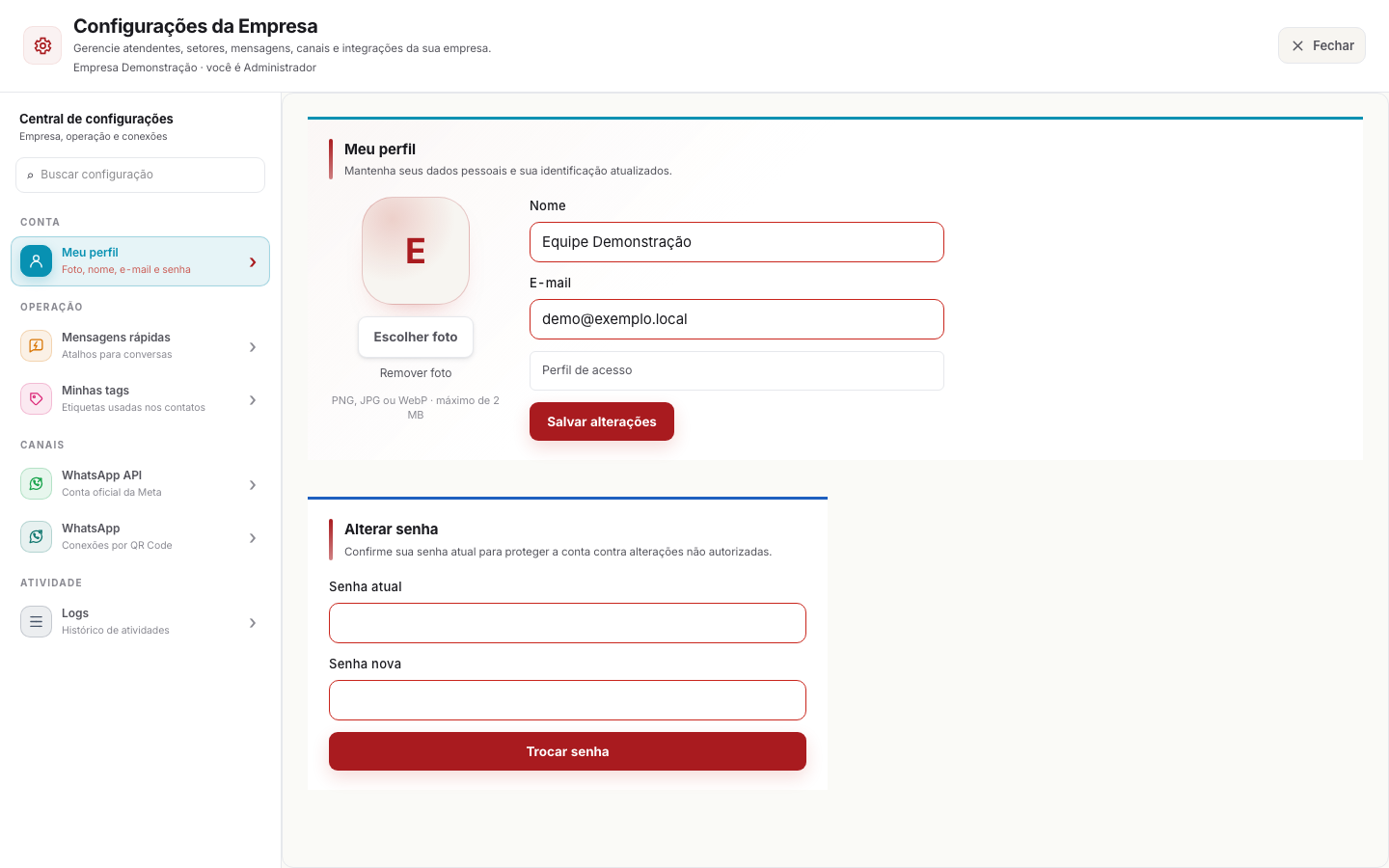 Central de configurações do MIND UP com perfil de demonstração, canais e logs